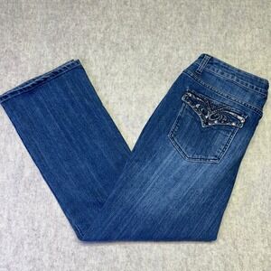 MASSINI Womens‎ Blue Denim Studded Pockets Stitching Flare Jeans Size 16